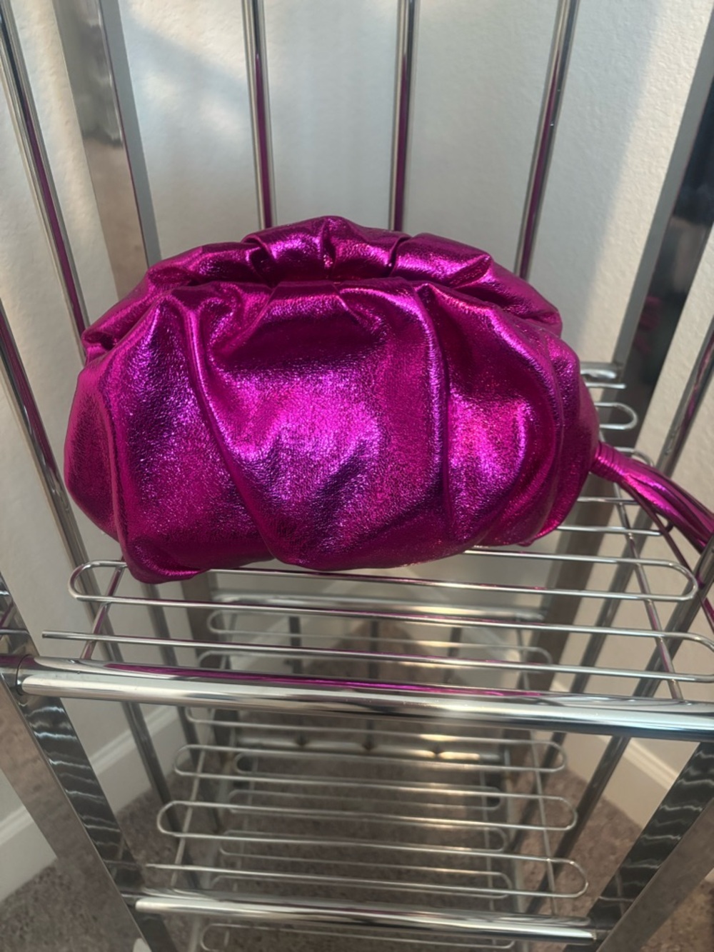 Rebecca Minkoff Metallic Fuchsia Ruched Pouch Clutch. New, Excellent Condition.